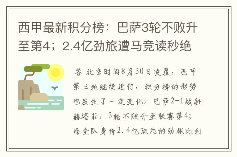 西甲最新积分榜：巴萨3轮不败升至第4；2.4亿劲旅遭马竞读秒绝平