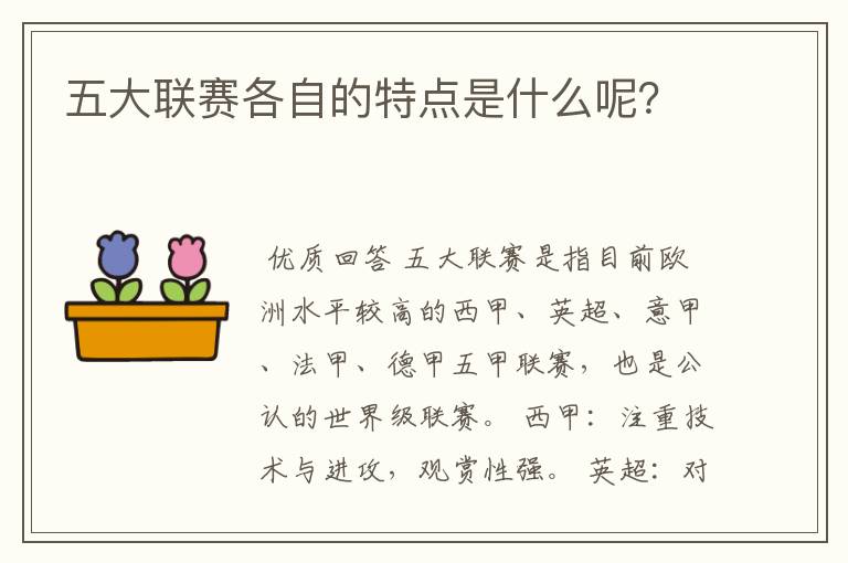 五大联赛各自的特点是什么呢？