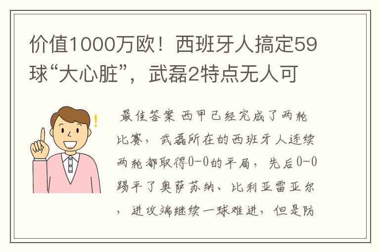 价值1000万欧！西班牙人搞定59球“大心脏”，武磊2特点无人可替