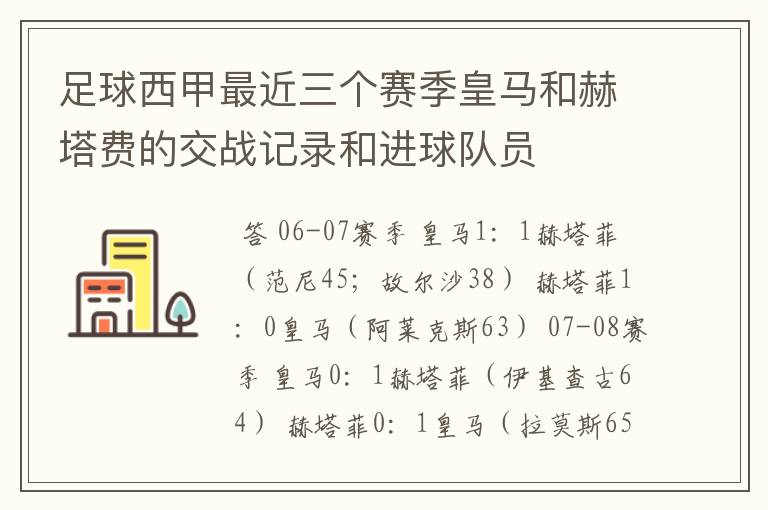 足球西甲最近三个赛季皇马和赫塔费的交战记录和进球队员