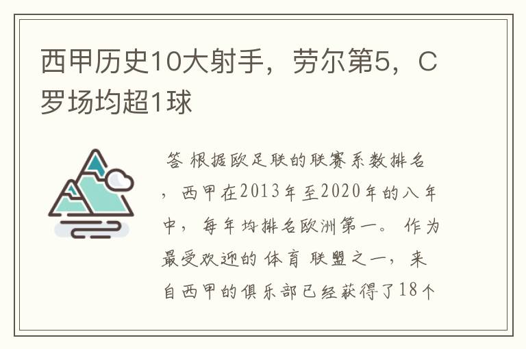 西甲历史10大射手，劳尔第5，C罗场均超1球