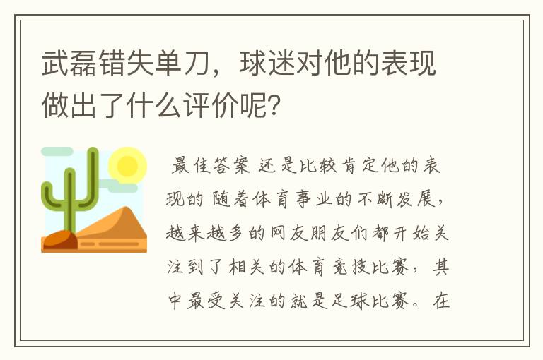 武磊错失单刀，球迷对他的表现做出了什么评价呢？