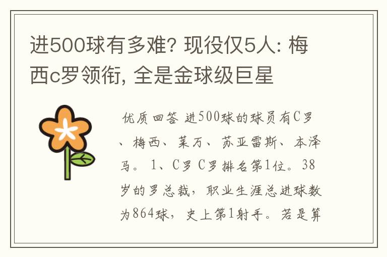 进500球有多难? 现役仅5人: 梅西c罗领衔, 全是金球级巨星