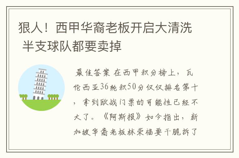 狠人！西甲华裔老板开启大清洗 半支球队都要卖掉