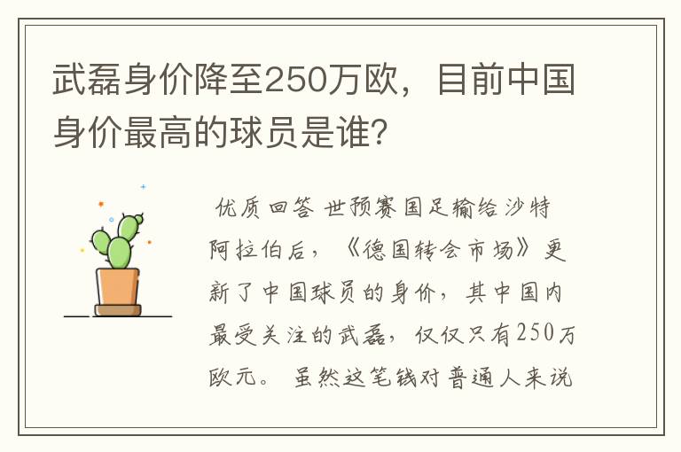 武磊身价降至250万欧，目前中国身价最高的球员是谁？