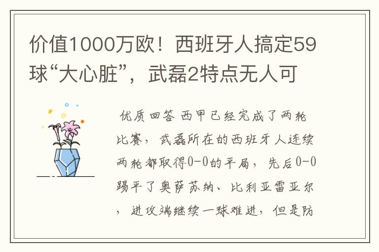 价值1000万欧！西班牙人搞定59球“大心脏”，武磊2特点无人可替