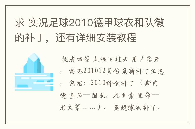 求 实况足球2010德甲球衣和队徽的补丁，还有详细安装教程