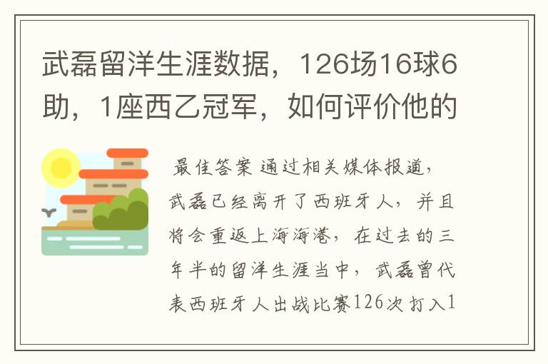 武磊留洋生涯数据，126场16球6助，1座西乙冠军，如何评价他的表现？