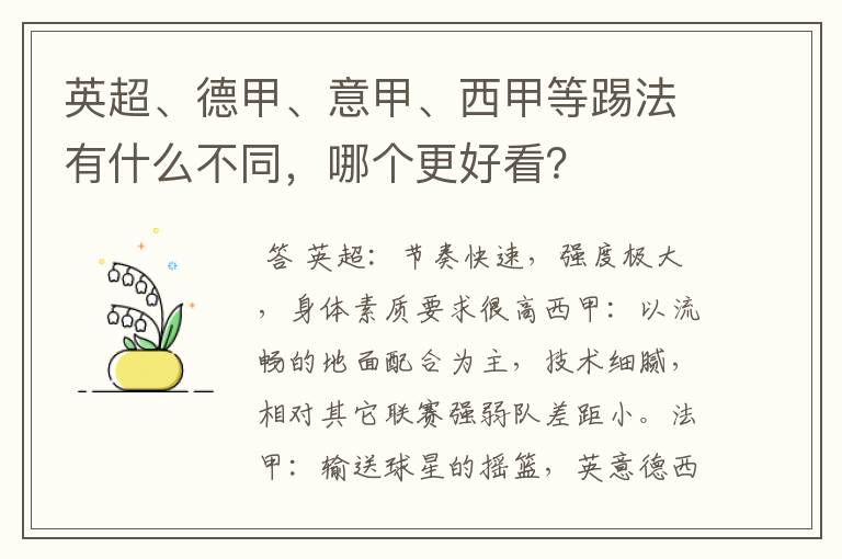 英超、德甲、意甲、西甲等踢法有什么不同，哪个更好看？