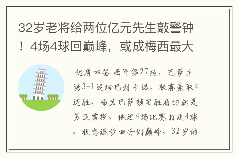 32岁老将给两位亿元先生敲警钟！4场4球回巅峰，或成梅西最大帮手