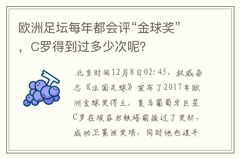 欧洲足坛每年都会评“金球奖”，C罗得到过多少次呢？