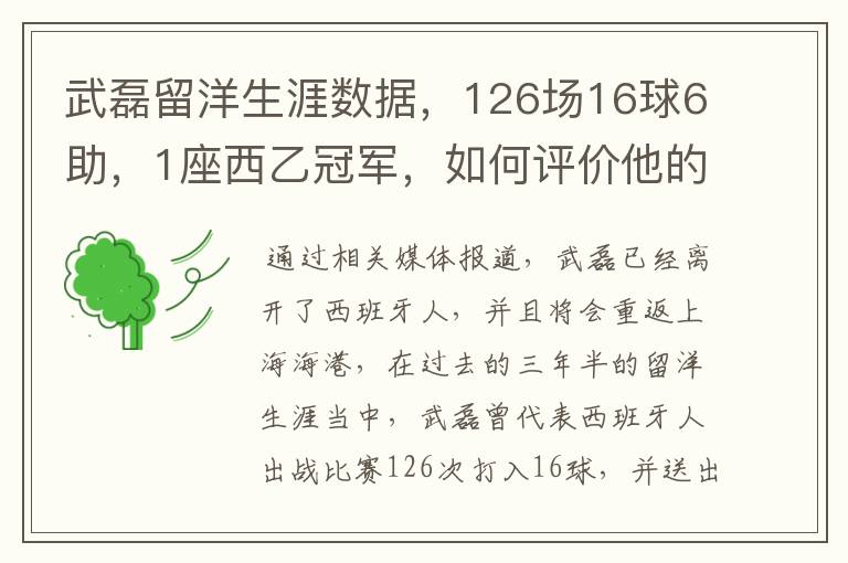 武磊留洋生涯数据，126场16球6助，1座西乙冠军，如何评价他的表现？