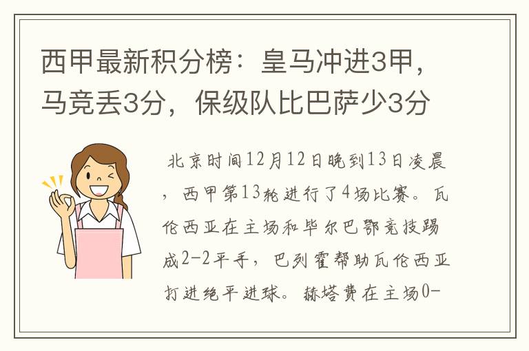 西甲最新积分榜：皇马冲进3甲，马竞丢3分，保级队比巴萨少3分