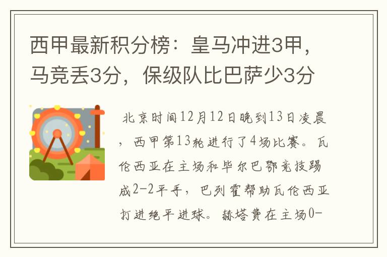 西甲最新积分榜：皇马冲进3甲，马竞丢3分，保级队比巴萨少3分