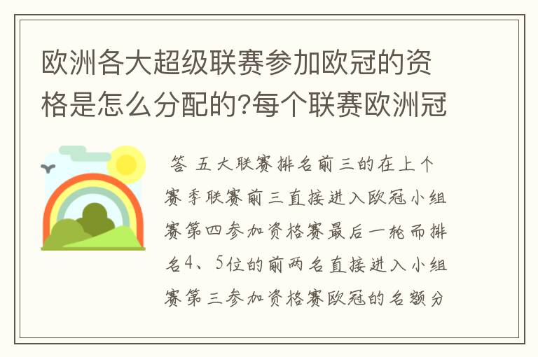 欧洲各大超级联赛参加欧冠的资格是怎么分配的?每个联赛欧洲冠军杯参赛队