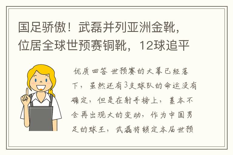 国足骄傲！武磊并列亚洲金靴，位居全球世预赛铜靴，12球追平凯恩