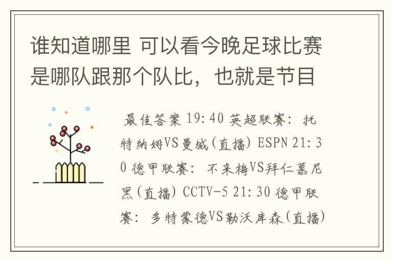 谁知道哪里 可以看今晚足球比赛是哪队跟那个队比，也就是节目表吧。