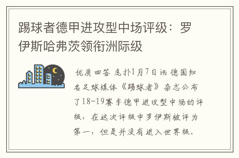 踢球者德甲进攻型中场评级：罗伊斯哈弗茨领衔洲际级