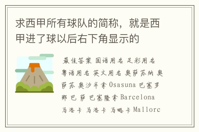 求西甲所有球队的简称，就是西甲进了球以后右下角显示的