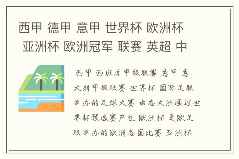 西甲 德甲 意甲 世界杯 欧洲杯 亚洲杯 欧洲冠军 联赛 英超 中超  分别是什么意思啊？