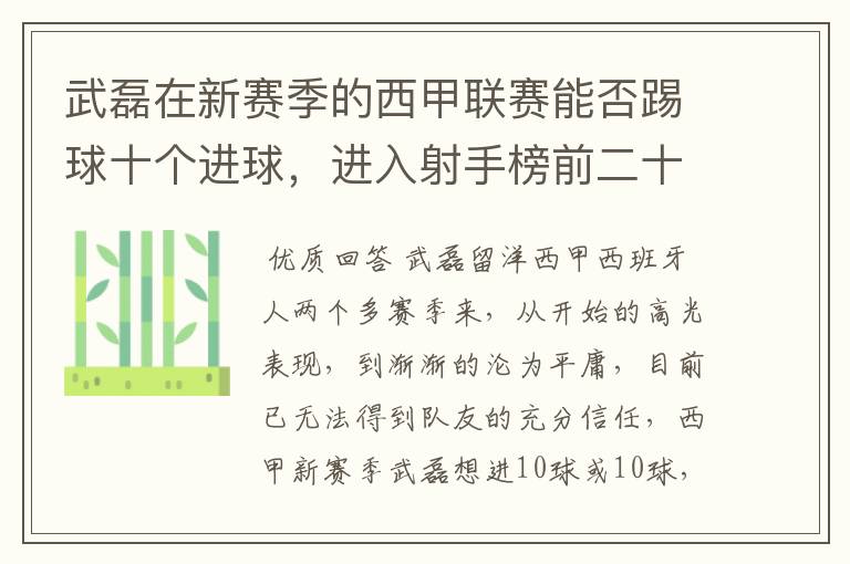 武磊在新赛季的西甲联赛能否踢球十个进球，进入射手榜前二十？