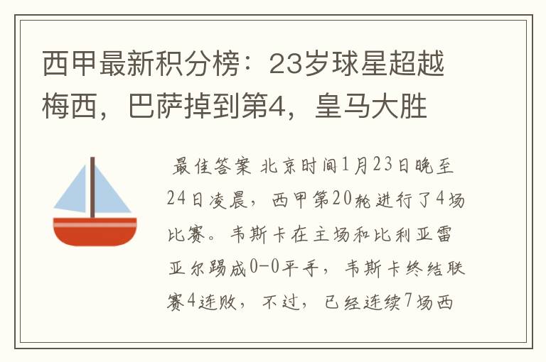 西甲最新积分榜：23岁球星超越梅西，巴萨掉到第4，皇马大胜