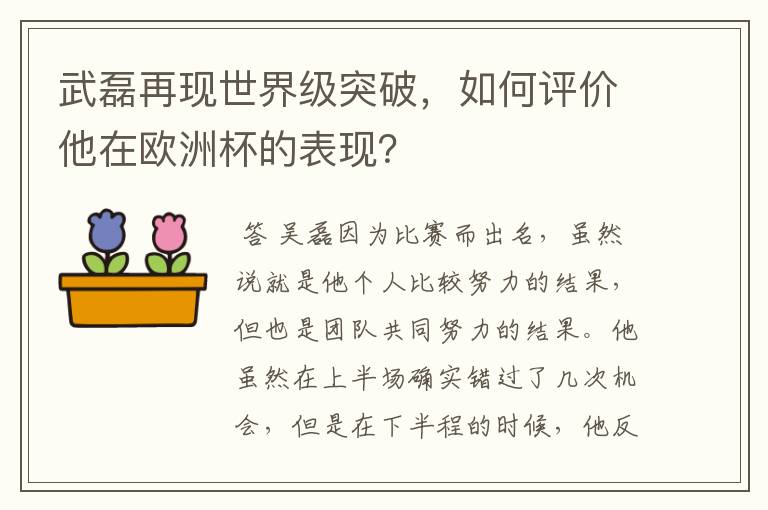 武磊再现世界级突破，如何评价他在欧洲杯的表现？