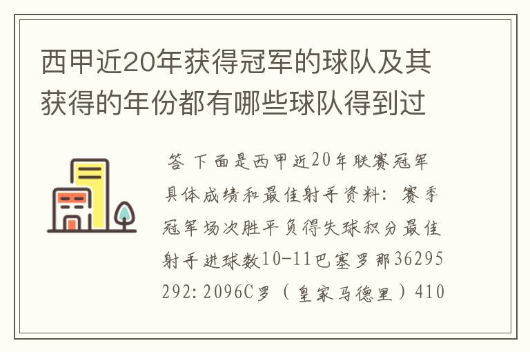 西甲近20年获得冠军的球队及其获得的年份都有哪些球队得到过意大利