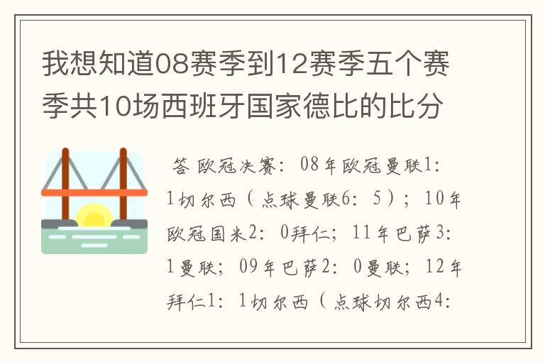 我想知道08赛季到12赛季五个赛季共10场西班牙国家德比的比分，每场的比分 还有这五个赛季欧冠决赛的.