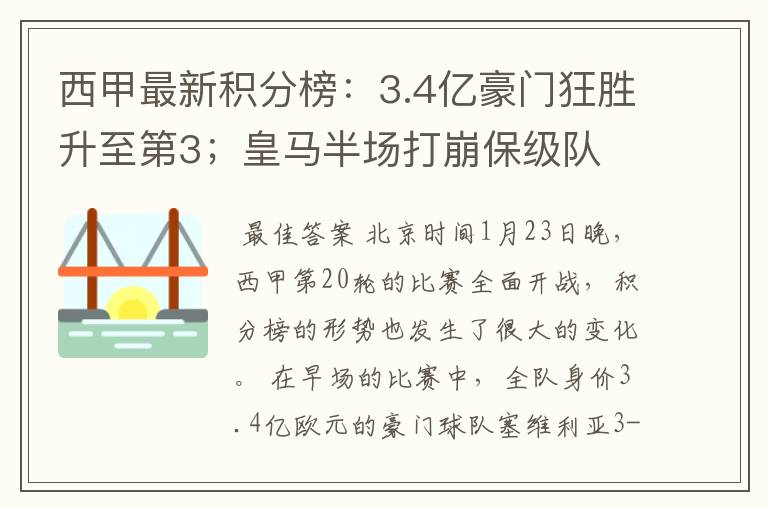 西甲最新积分榜：3.4亿豪门狂胜升至第3；皇马半场打崩保级队