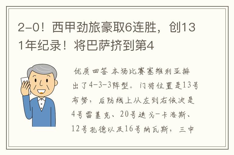 2-0！西甲劲旅豪取6连胜，创131年纪录！将巴萨挤到第4