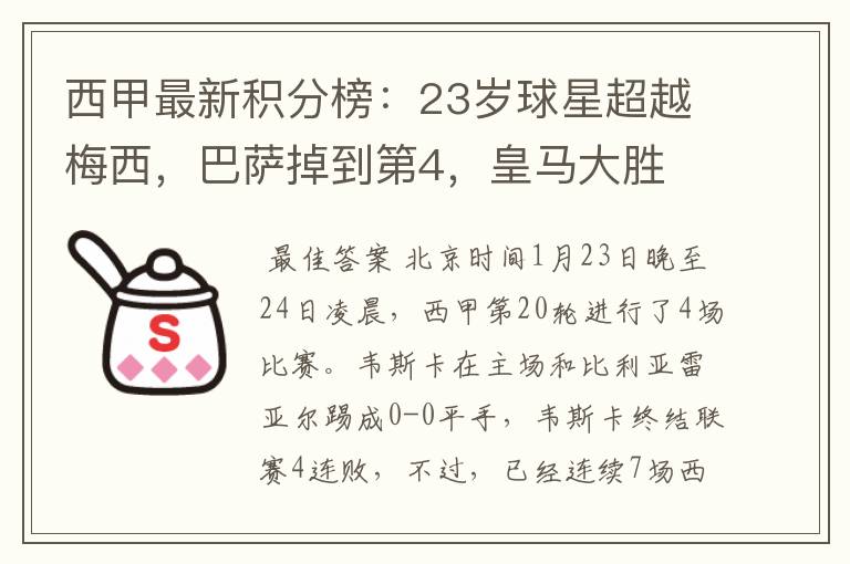 西甲最新积分榜：23岁球星超越梅西，巴萨掉到第4，皇马大胜