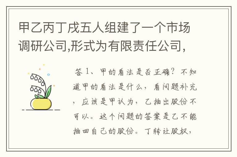 甲乙丙丁戌五人组建了一个市场调研公司,形式为有限责任公司，注册资本为20万元，甲等5人每人持有4万元的股