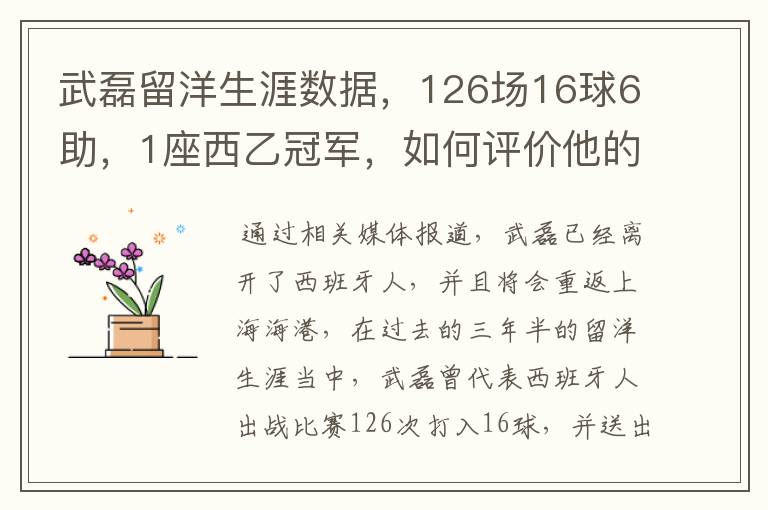 武磊留洋生涯数据，126场16球6助，1座西乙冠军，如何评价他的表现？