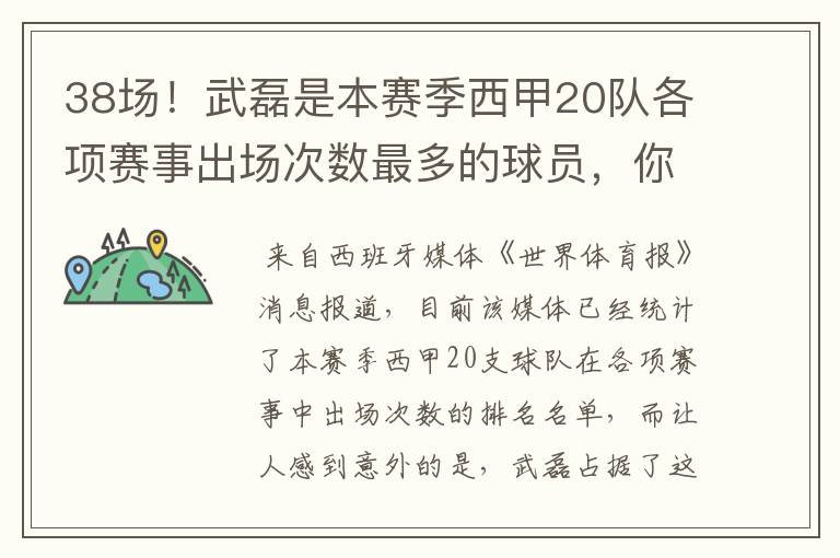 38场！武磊是本赛季西甲20队各项赛事出场次数最多的球员，你怎么看？