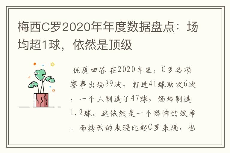 梅西C罗2020年年度数据盘点：场均超1球，依然是顶级