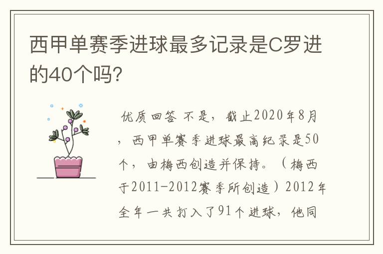 西甲单赛季进球最多记录是C罗进的40个吗？