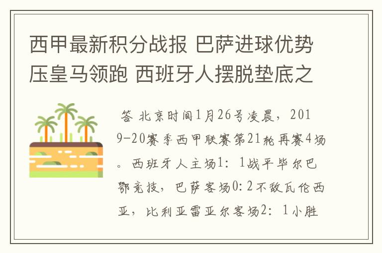 西甲最新积分战报 巴萨进球优势压皇马领跑 西班牙人摆脱垫底之位