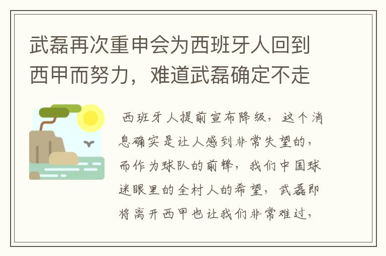 武磊再次重申会为西班牙人回到西甲而努力，难道武磊确定不走了？