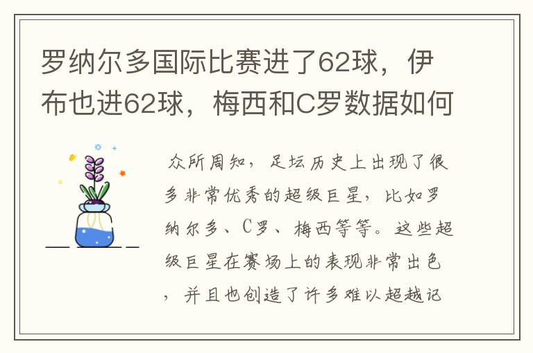 罗纳尔多国际比赛进了62球，伊布也进62球，梅西和C罗数据如何？