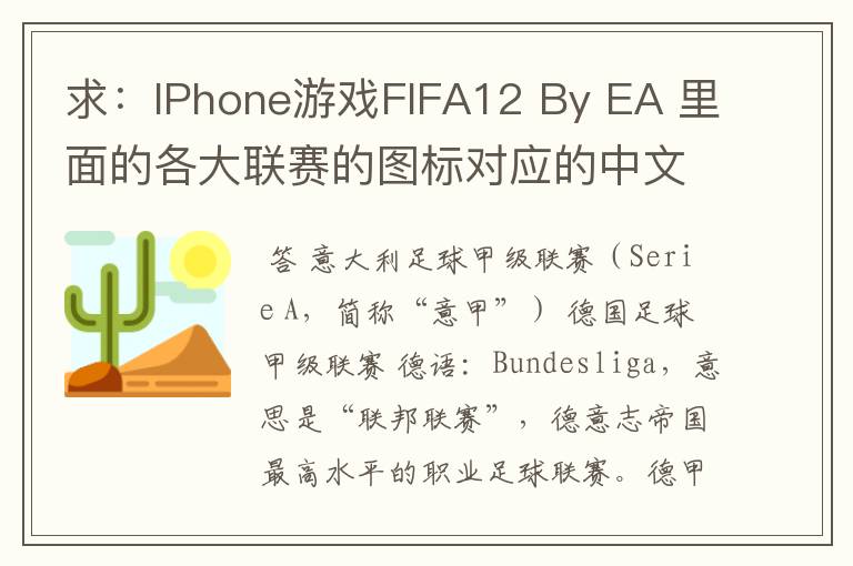 求：IPhone游戏FIFA12 By EA 里面的各大联赛的图标对应的中文名称 例如：Liga BBVA 西甲