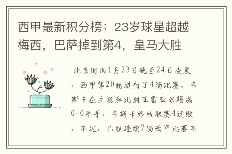 西甲最新积分榜：23岁球星超越梅西，巴萨掉到第4，皇马大胜