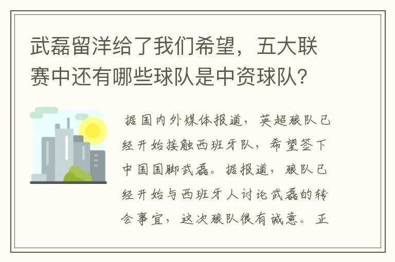 武磊留洋给了我们希望，五大联赛中还有哪些球队是中资球队？