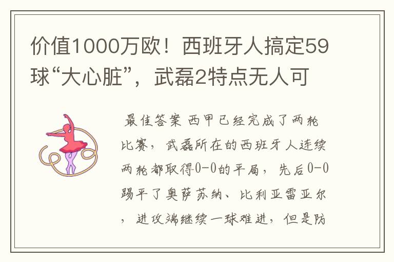 价值1000万欧！西班牙人搞定59球“大心脏”，武磊2特点无人可替