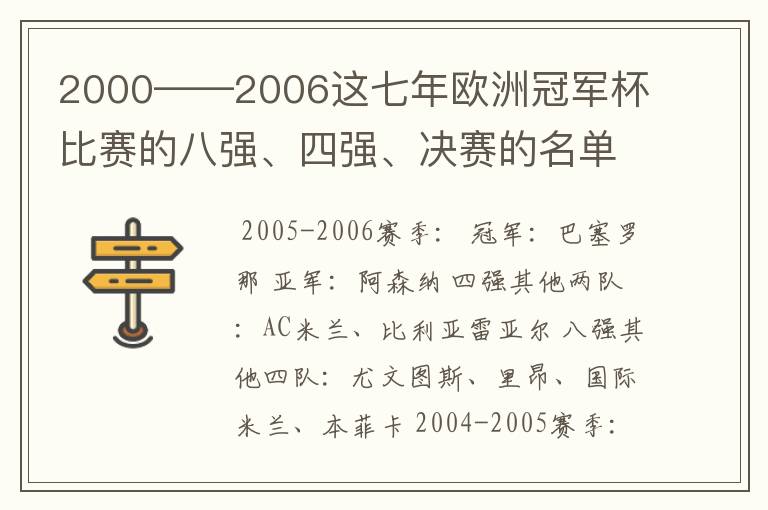 2000——2006这七年欧洲冠军杯比赛的八强、四强、决赛的名单