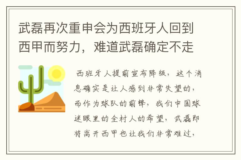 武磊再次重申会为西班牙人回到西甲而努力，难道武磊确定不走了？