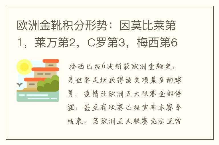 欧洲金靴积分形势：因莫比莱第1，莱万第2，C罗第3，梅西第6