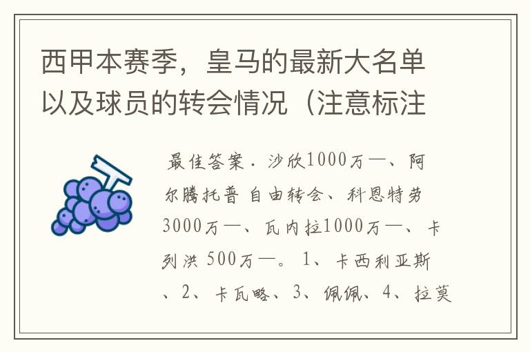 西甲本赛季，皇马的最新大名单以及球员的转会情况（注意标注球员身价）