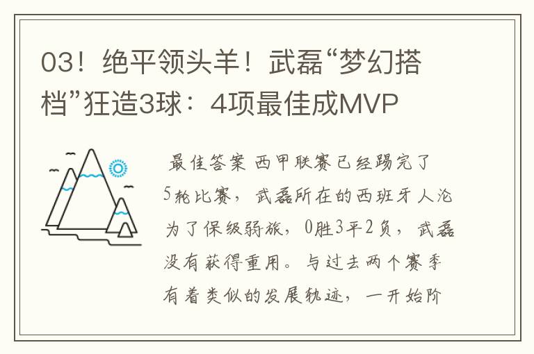 03！绝平领头羊！武磊“梦幻搭档”狂造3球：4项最佳成MVP