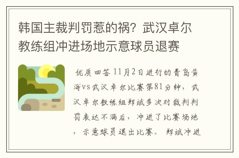 韩国主裁判罚惹的祸？武汉卓尔教练组冲进场地示意球员退赛